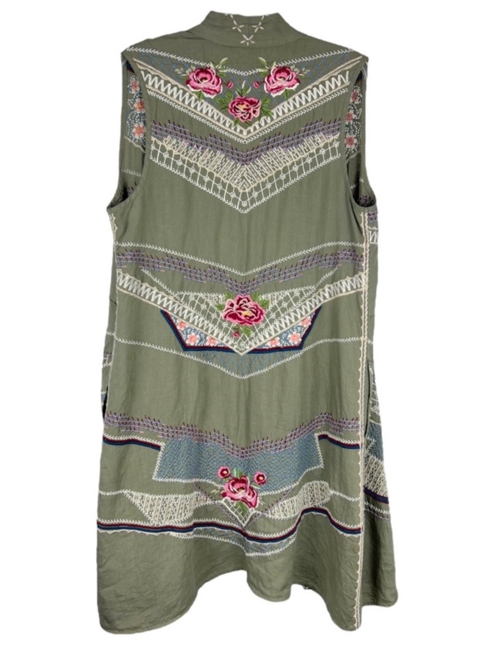 Johnny Was Sabine Novelle Floral Embroidered Green Linen Long Open Vest Medium